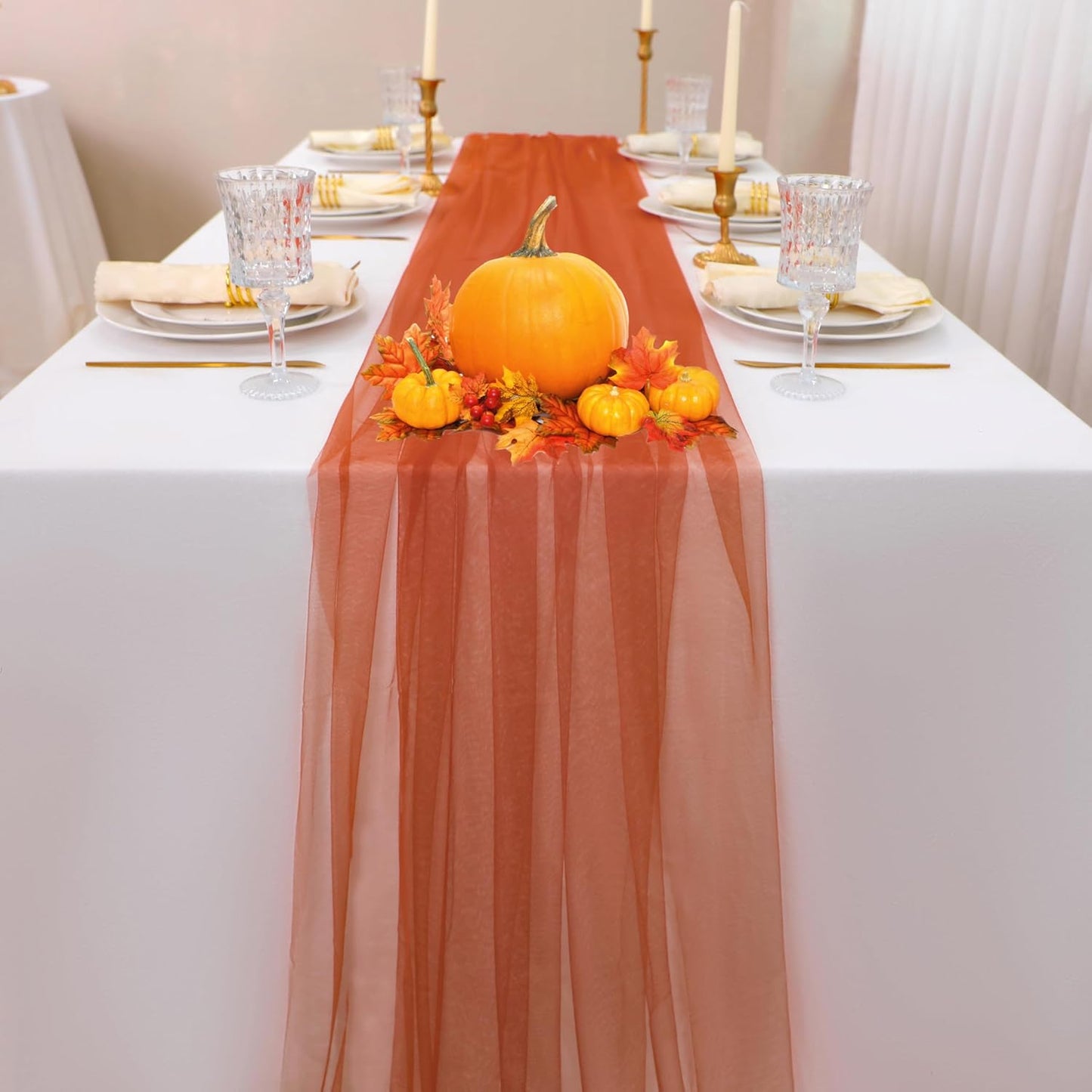 Snowkingdom Terracotta Table Runner, 10 FT Sheer Tulle Rust Cheesecloth Gauze Runner 120 Inch, Boho Fall Table Centerpieces Decoration for Thanksgiving Wedding Baby Bridal Shower Party