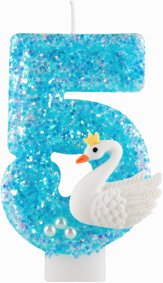 Girls Glitter 5 Birthday Number Candles, Blue Lake White Pearls Swan Number Birthday Candles for Girls Women Birthday Cakes Swan Themed Birthday Decorations Party Favors Number 5 Candle Cake Topper