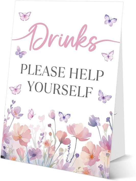 Butterfly Baby Shower Tabletop Sign, Drinks Please Help Yourself, Include One 8×11 Sign with holder, Purple Butterfly Gender Reveal Party Decoration Supplies - FL31