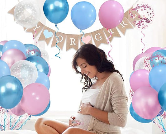 Gender Reveal Pink and Blue Balloons Set, 60 Piece 12 Inch Macaron Confetti Star Pattern Balloons with Ribbon for Birthday Wedding Baby Party Decorations