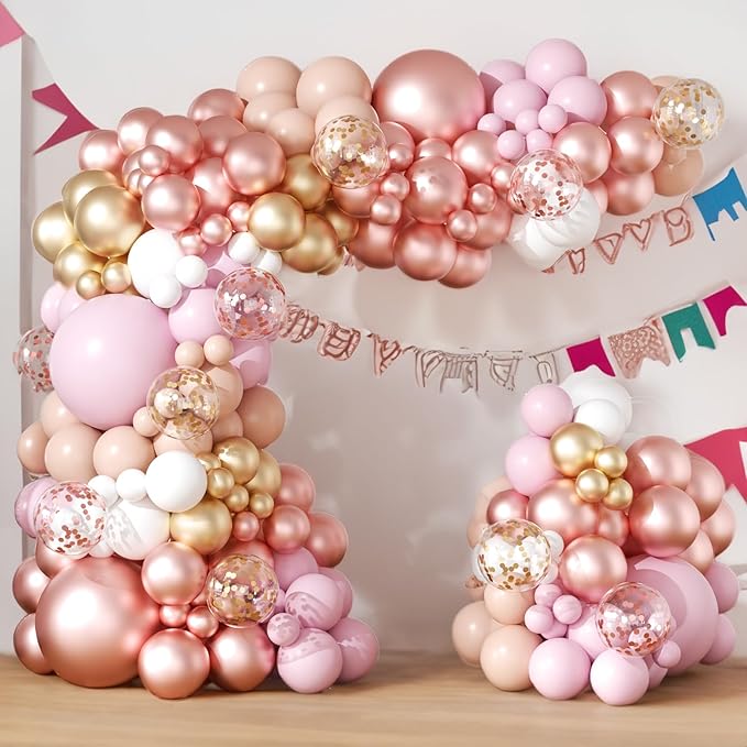 Rose Gold Balloons Arch Garland Kit 164pcs Pastel Pink Chrome Gold Balloon in Different Sizes with Confetti Balloons for Mothers Day Bridal Shower Princess Girl Birthday Baby Shower Party Decorations