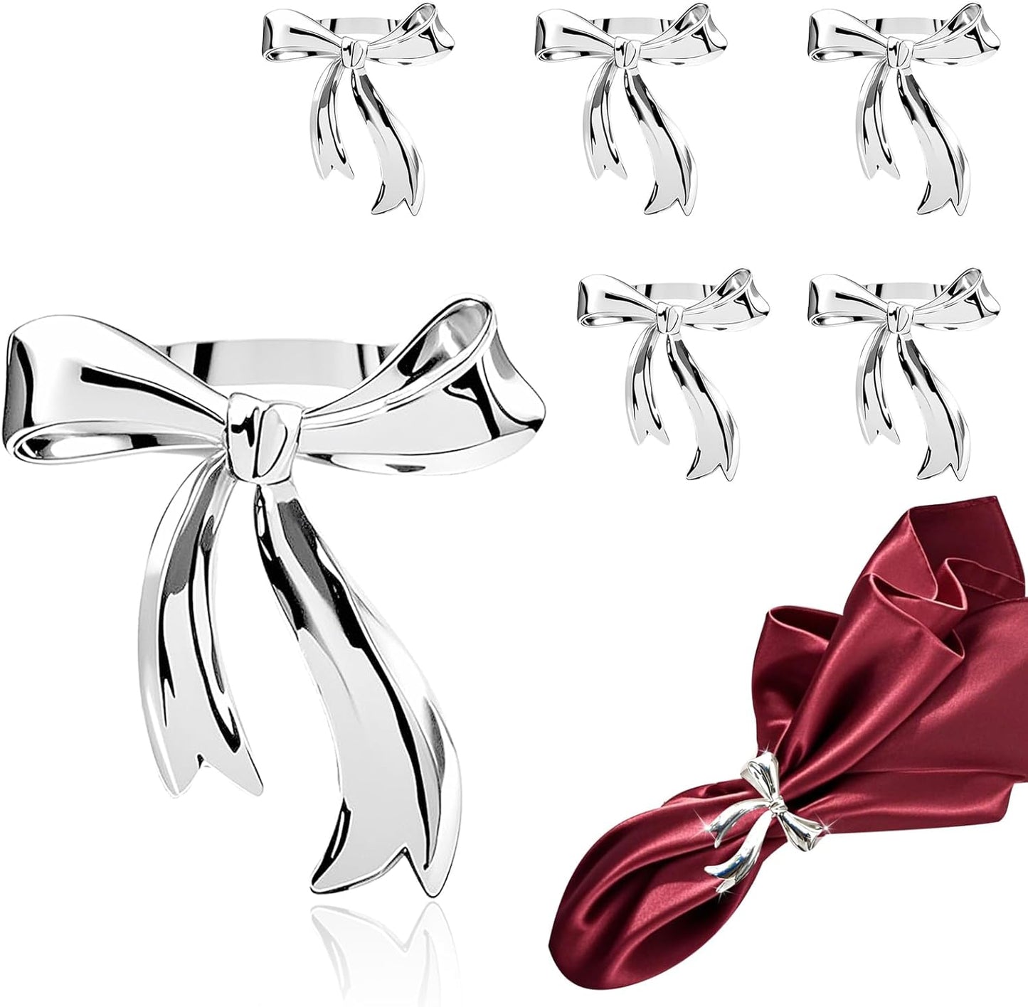 Silver Bow Napkin Rings Set of 6 Christmas Bow Tie Napkin Rings for Xmas Wedding New Year Banquet Decor,Shiny Metal Bowknot Napkin Ring Holders for Holiday Birthday Anniversary Family Dinner