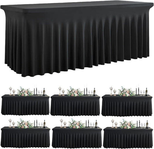 Outpain Wrinke Free Spandex Tablecloth for 6 Foot Rectangle Tables, 6 Pack Black Fitted Table Cloths 6ft Stretchy Banquet Table Clothes Cover Desk Skirt for Birthday Wedding Parties Baby Shower