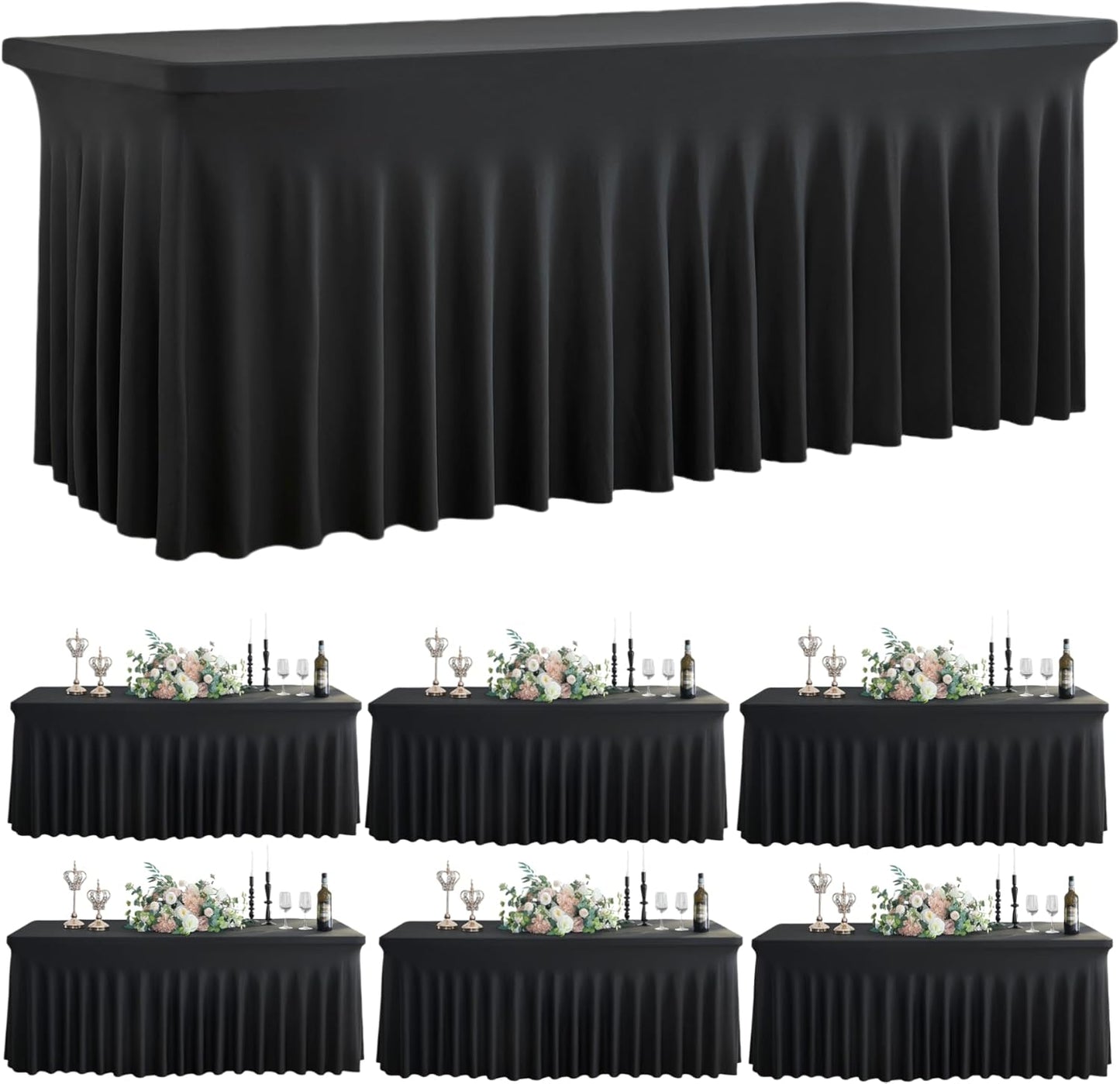 Outpain Black Spandex Tablecloth for 8 Foot Rectangle Tables, 6 Pack Black Wrinkle Free Fitted Table Cloths 8ft Stretchy Banquet Table Clothes Cover Desk Skirt for Birthday Wedding Parties Baby Shower