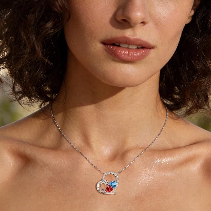 Double Birthstone Heart Necklace 0.8CT Dual-Gemstone S925 Sterling Silver Plated White Gold Engraved I Love You Perfect Anniversary/Valentine's Day Gift for Wife/Girlfriend/Mom/Daughter