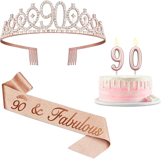 90th Birthday Decorations for Women with Rose Gold Sash, Tiara,Numbers Candles, Sincere 90th Birthday Gifts for Women