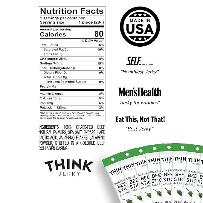 Think Jerky Jalapeno Beef Sticks, Gluten and Sugar Free, No Nitrates, Keto Paleo Friendly High Protein Low Carb Meat Snack - 1.0 oz Sticks, 10 Pack