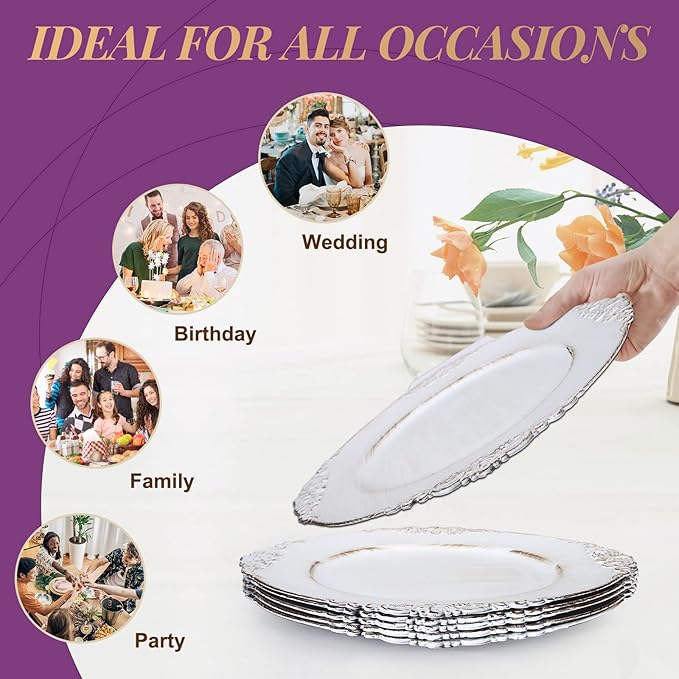 Gifturbo Antique White Charger Plates, 13" Round Chargers for Dinner Plates, Set of 6 Plastic Charger Plate for Table Setting,Decorative Plate Chargers for Wedding,Decoration