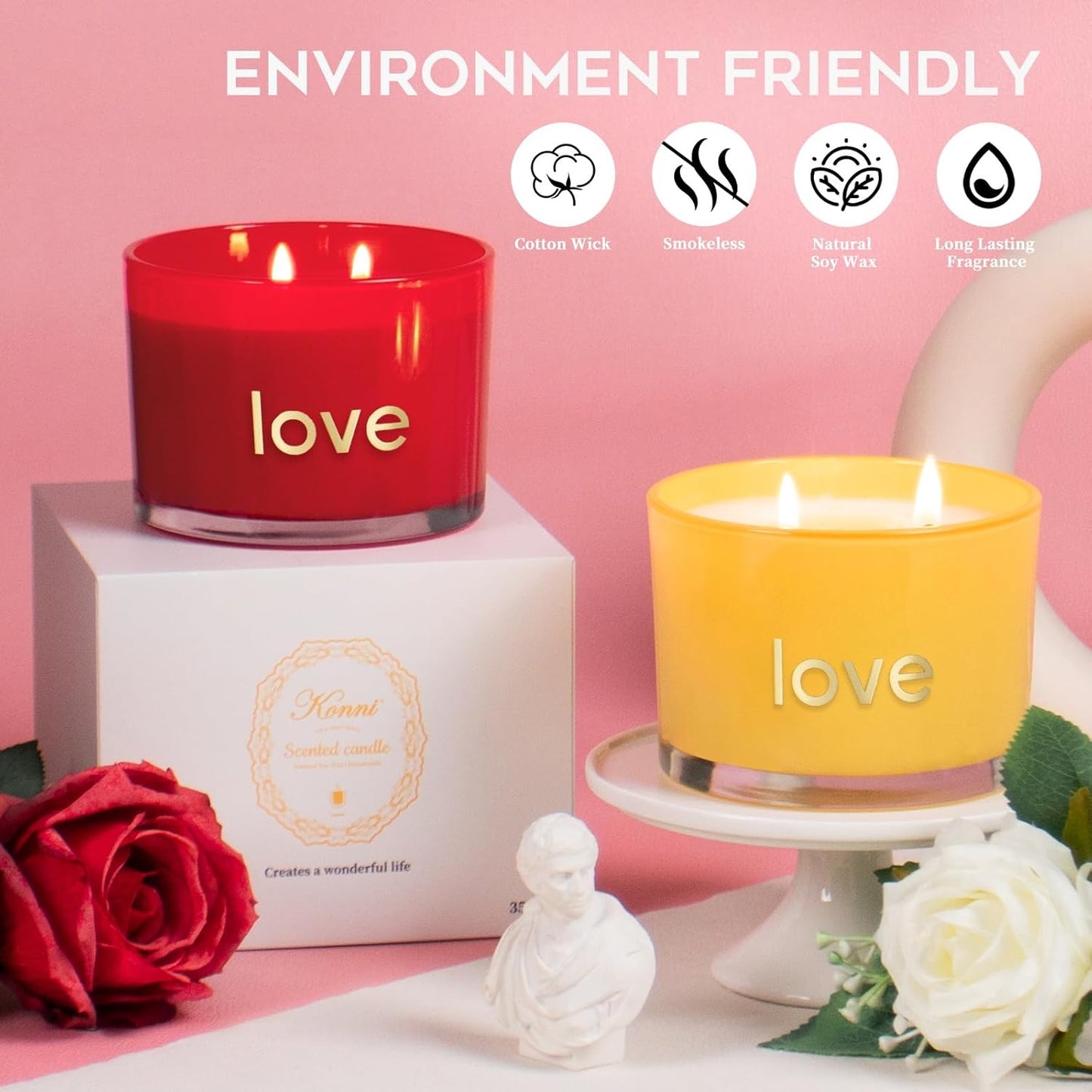 KONNI Red Rose Love Soy Scented Candles for Home, 2 Wick 12.35oz Luxury Aromatherapy Candle for Women Men, 60 Hours Long Lasting Candle, Clean Burning Jar Candle, Romantic Gifts for Mon Wife
