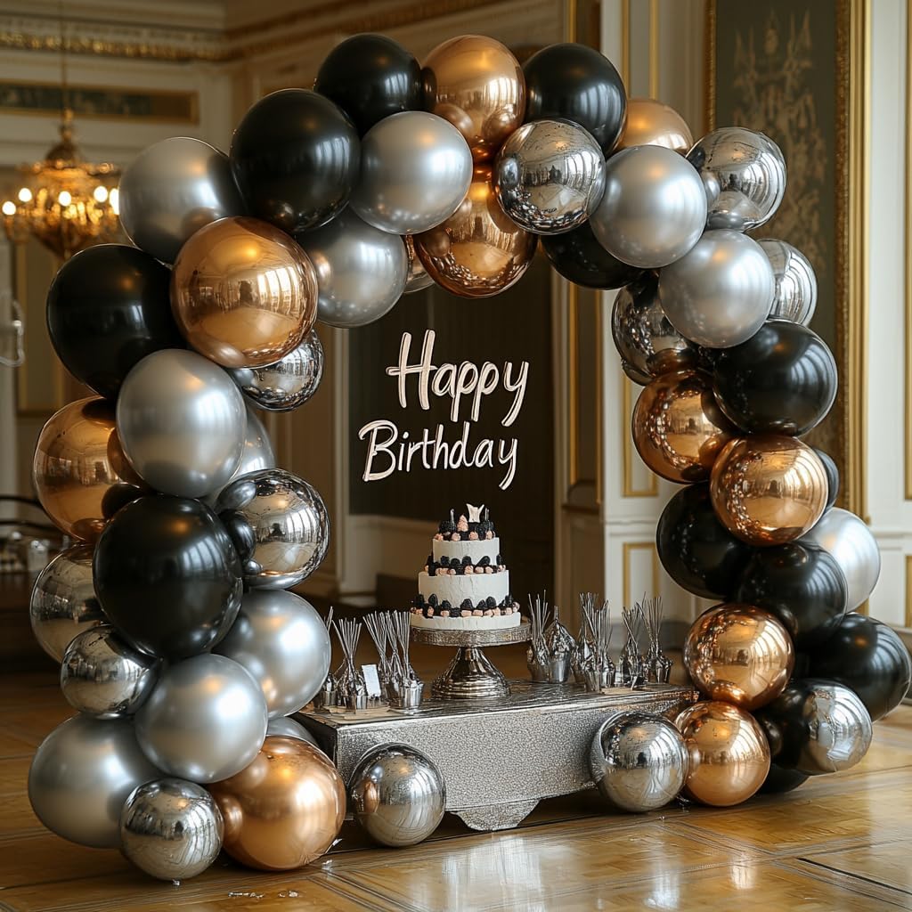Bezente Black Silver Confetti Latex Balloons,60pcs 12 inch Black White Silver Metallic Chrome and Silver Confetti Balloons for Birthday, Baby Shower, Wedding, and Silver Theme Party Decoration