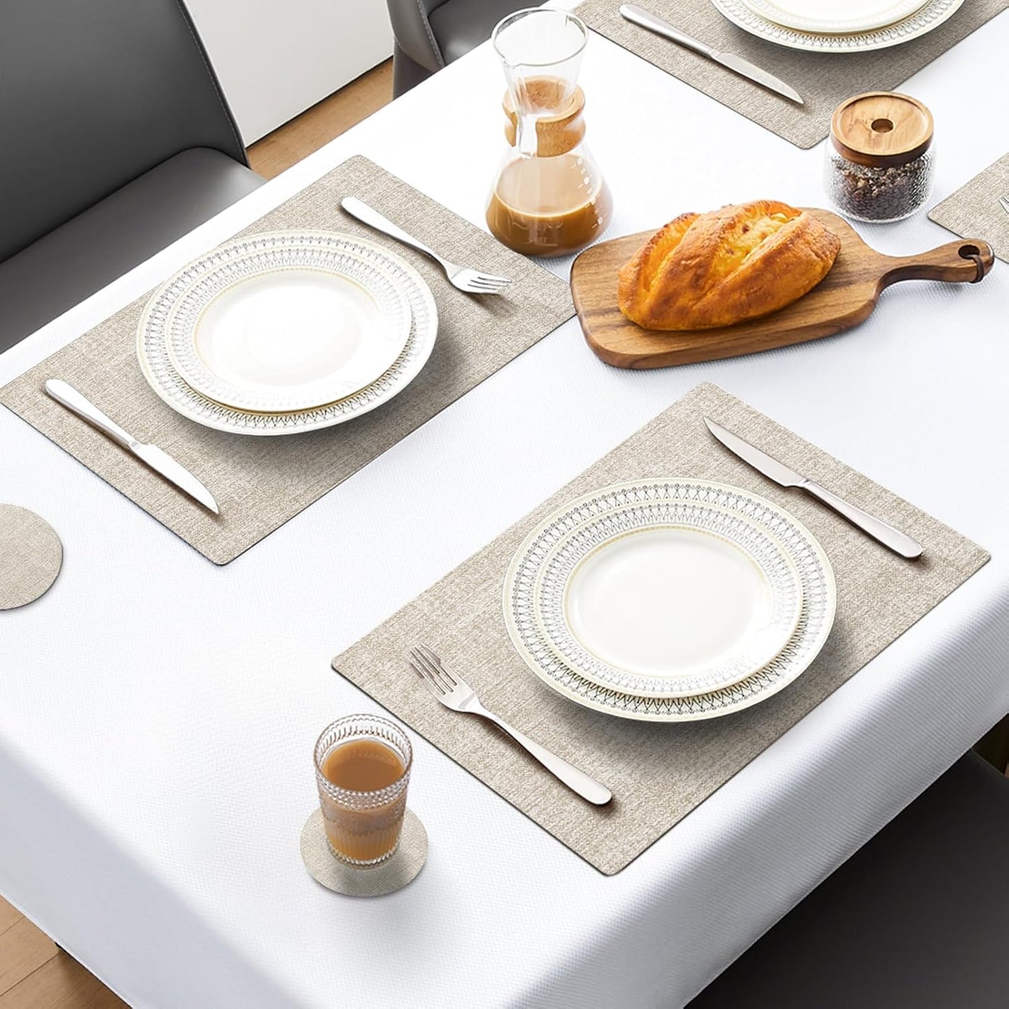 MOSAYT Placemats Set of 4, Heat Resistant Vinyl Place Mats with Coasters, 100% Waterproof Wipeable & Washable Faux Leather Table Mats for Kitchen Dining Party Indoor Outdoor, 12" x 18", Beige