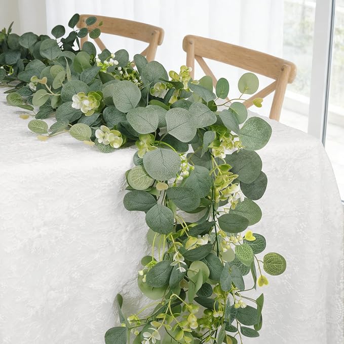 Eucalyptus Garland Faux Silk Leaf Silver Dollar Artificial Greenery Fake Eucalyptus Leaves Garlands for Table Wedding Party Indoor Outdoor Arch Wall Mantle Room Home Decoration (1, 5.5 FT)