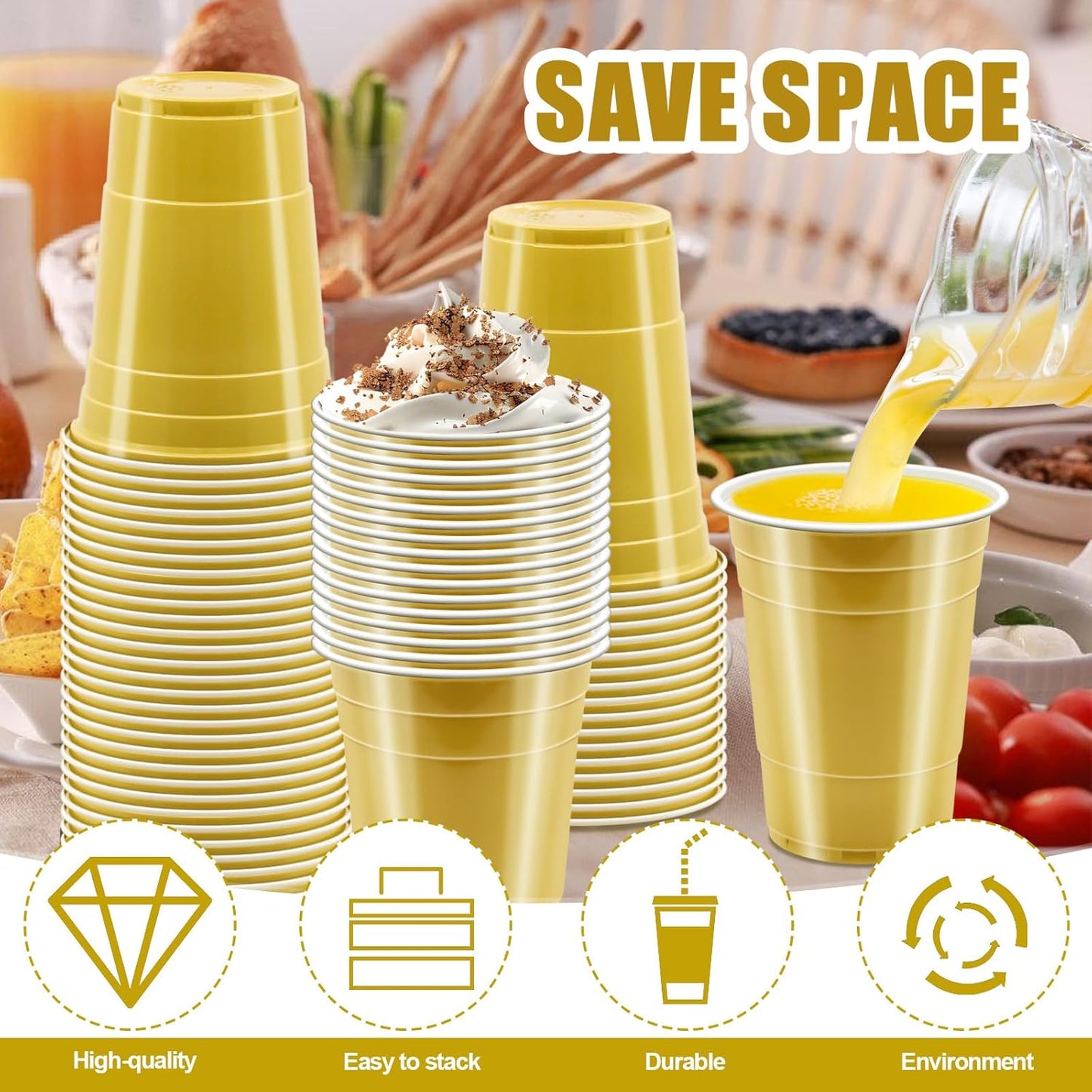 100 Pack 16 oz Gold Plastic Cups for Party, Heavy Duty Gold Disposable Cups Graduation Cups Bulk for Halloween Wedding Birthday Festive Celebrations Wine Beer Beverage