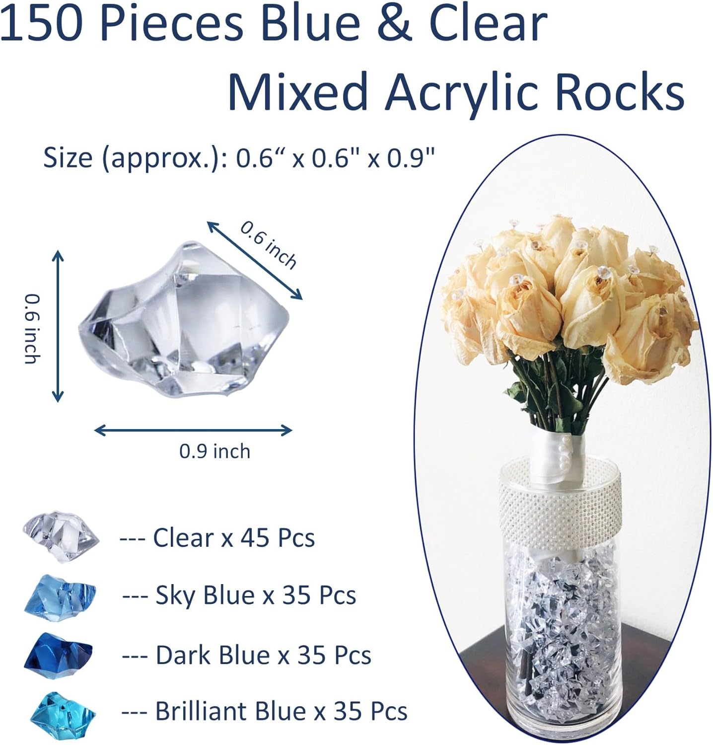 Decorative Acrylic Ice Rocks, Pack of 150 Vase Filler Stones, Multi-Color Crystal Gems, Reusable Acrylic Crushed ice Rocks for Home Décor