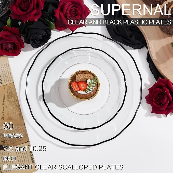 supernal 60pcs Clear and Black Plastic Plates New Fancy Scalloped Plates Disposable Heavy Duty Disposable Dinnerware Include 30 Dessert Plate & Dinner Plate for Valentine's Day Easter and Party