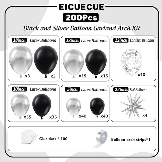 Black and Silver Balloons Garland Arch Kit with Stars 200Pcs - 5 10 12 18 22 inch Balloon and Confetti Balloons for 2025 Graduation New Year Anniversary Birthday Disco Theme Party Decorations