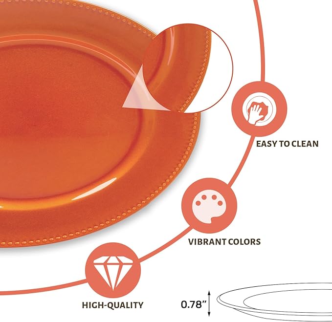 MAONAME Orange Charger Plates, Round Dinner Charger with Beaded, 13 Inch Plastic Plate Chargers for Wedding, Table Decor, Set of 6