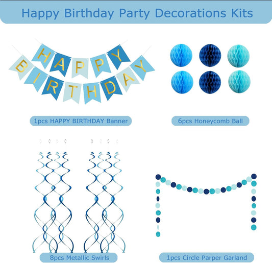 Blue Birthday Decorations with Happy Birthday Banner, Paper Honeycomb Balls, Circle Garland and Hanging Swirl Decorations, Birthday Party Decorations