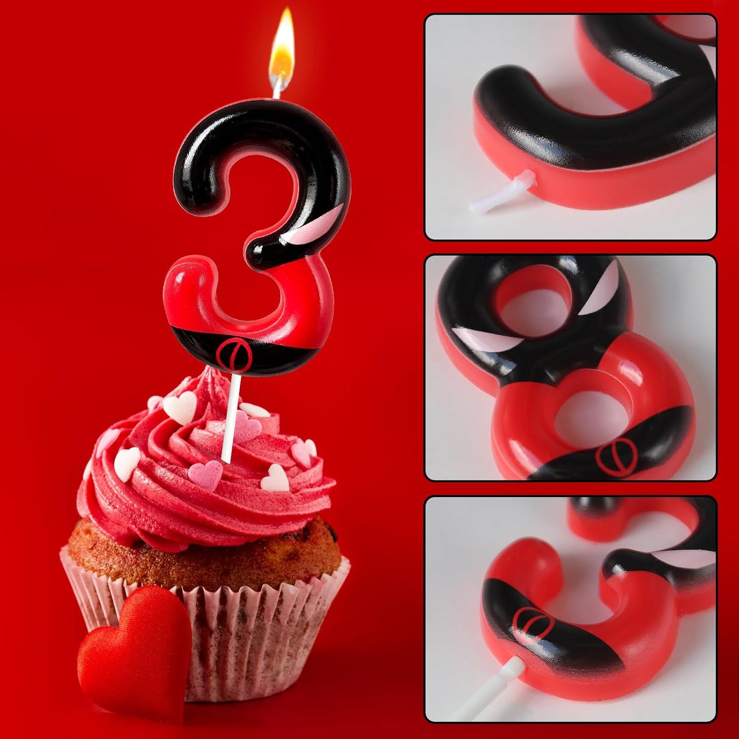 Black Red Mask Number 3 Birthday Candles - Comic Themed Cake Topper for Birthday Decorations Supplies, 3 Candle Party Favors (Number 3)