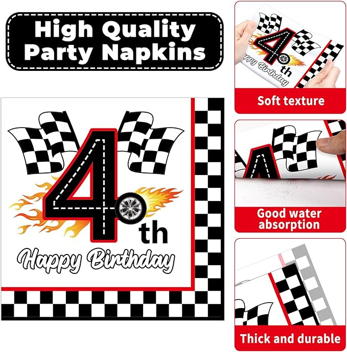 96Pcs Racing Car 4th Birthday Party Paper Plates and Napkins for Need Four Speeed Dessert Cake Plate Disposable Decor Racing Checkered Flag Tableware for Boy Kids Race Car 4 Years Birthday Decorations
