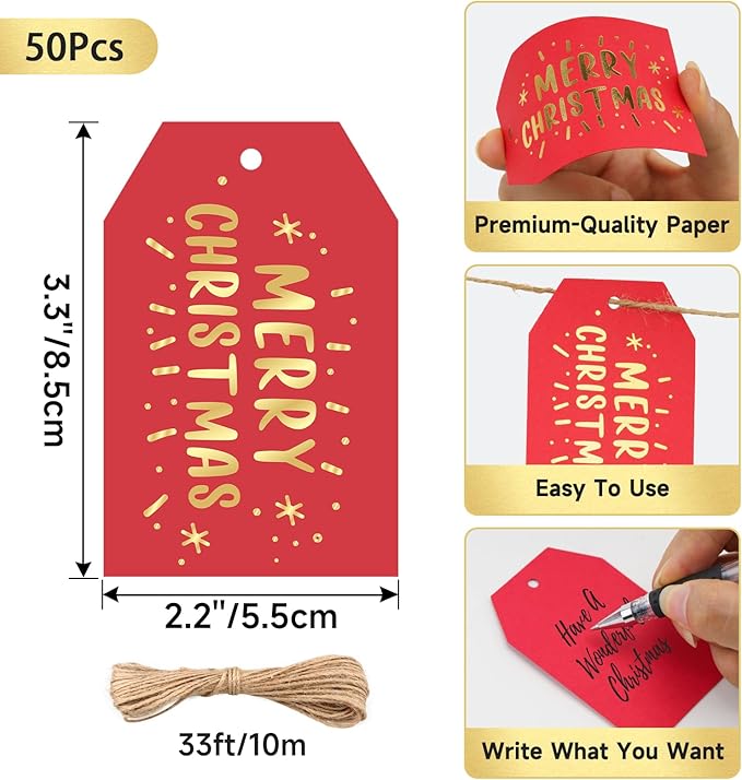 Anwyll Christmas Gift Tags with String - 50Pcs Gold and Red Merry Christmas Tags for Gifts Xmas Gift Tag Happy Holidays Hang Paper Label Tag for Present Wrapping Treat Goodie Bag Holiday Party Favors