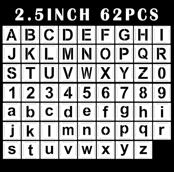 Mossdecal Letter Stencils Kit 2.5 Inch, Reusable Plastic Letters and Numbers Interlocking Stencil Set 62 Pcs, Plastic Stencils for Wood Signs, Wall, Fabric, Chalkboard, Signage, DIY School Projects