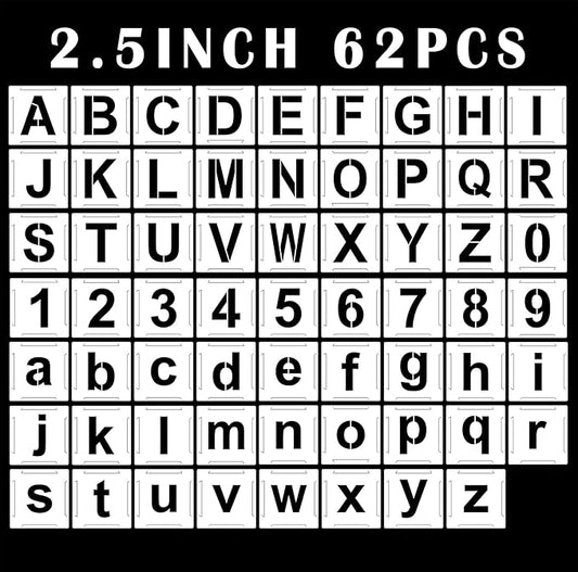 Mossdecal Letter Stencils Kit 2.5 Inch, Reusable Plastic Letters and Numbers Interlocking Stencil Set 62 Pcs, Plastic Stencils for Wood Signs, Wall, Fabric, Chalkboard, Signage, DIY School Projects