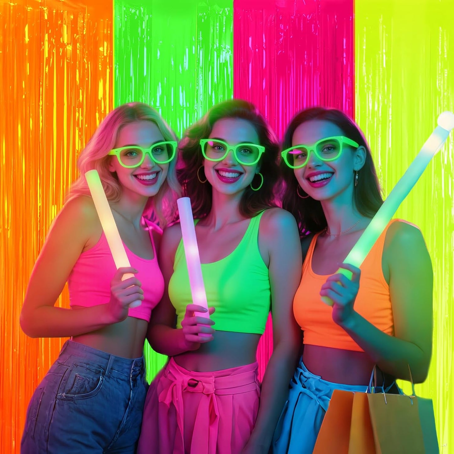 ADLKGG Glow in The Dark Party Supplies, 4Pcs Neon Party Decorations, Fluorescent Green Orange Yellow Fuchsia Foil Fringe Curtains Backdrop for Birthday Halloween Pool Photo Booth Prop