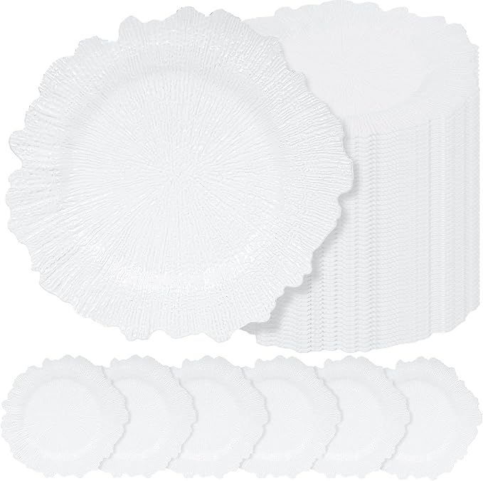 50 Pcs White Charger Plates Bulk 13 Inch Plastic Charger Plates for Dinner Plate, White Chargers for Table Setting, Reef Design Plate Floral Decorative Round Chargers for Wedding Party, Event
