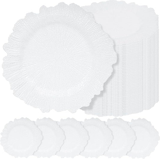 50 Pcs White Charger Plates Bulk 13 Inch Plastic Charger Plates for Dinner Plate, White Chargers for Table Setting, Reef Design Plate Floral Decorative Round Chargers for Wedding Party, Event