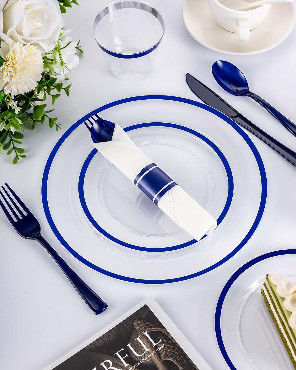 350PCS Plastic Plates for Party, Disposable Clear Blue Dinnerware Set for 50 Guests,100 Plastic Plates, 50 Cups, 50 Pre-Rolled Napkins with Cutlery for Party, Thanksgiving, Christmas, Wedding