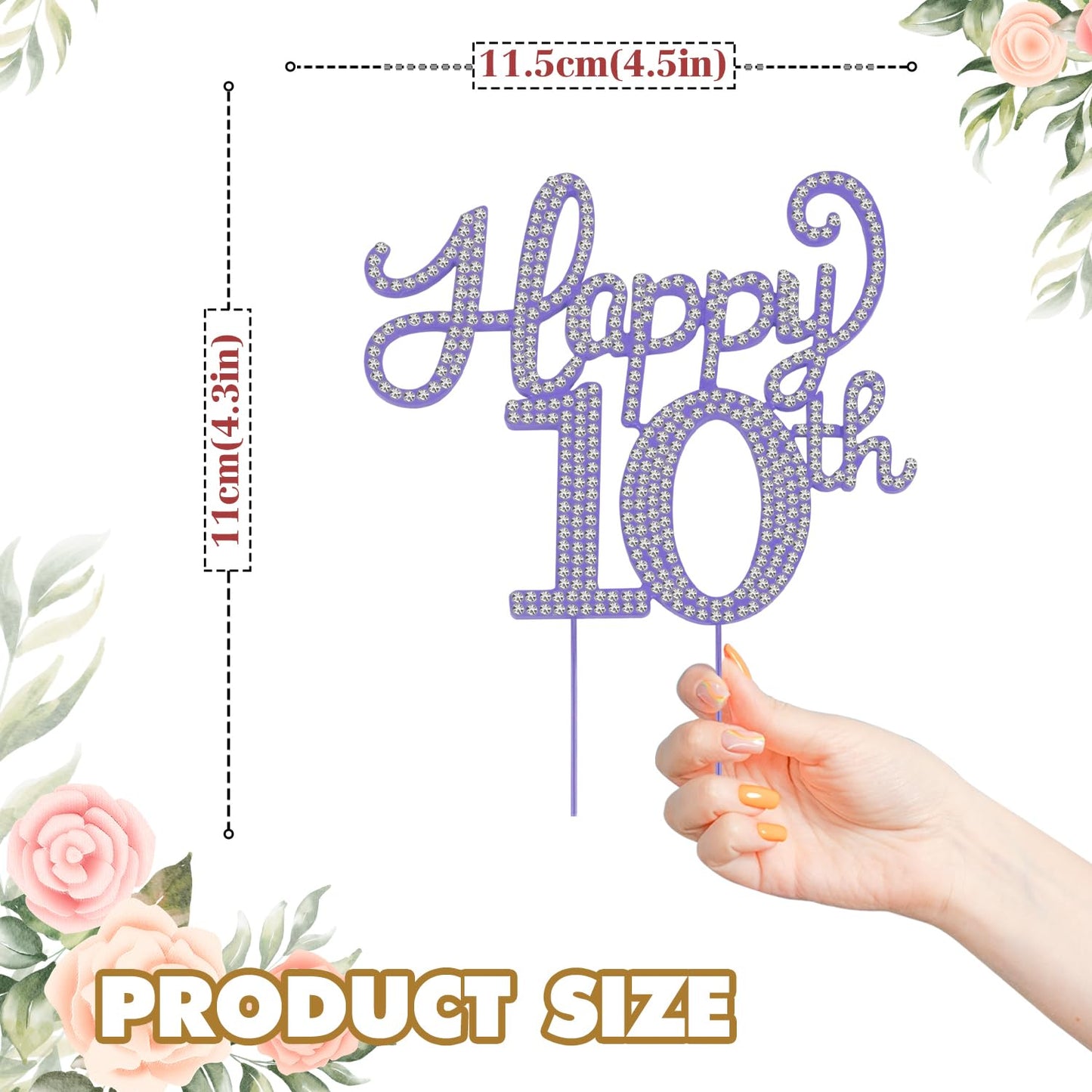 LASKYER Happy 10th Birthday Decorations,10th Birthday Purple Rhinestone Cake Topper - Cheers to Ten Years Old Bday Party Metal Sparkly Cake Centerpieces Sign.
