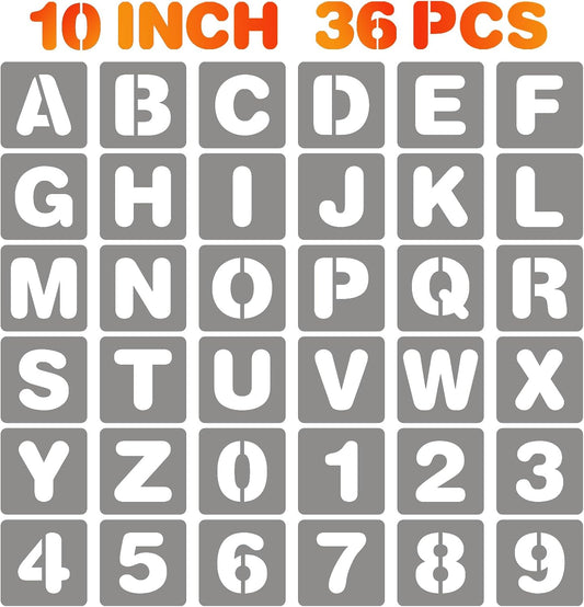 BAMIDELE 10 Inch Letter and Number Stencils, 36 Pcs Reusable Plastic Alphabet Spray Paint Stencils for Painting on Wood, Wall, Fabric, Rock, Chalkboard, Door Porch, Signage, DIY Craft Decoration