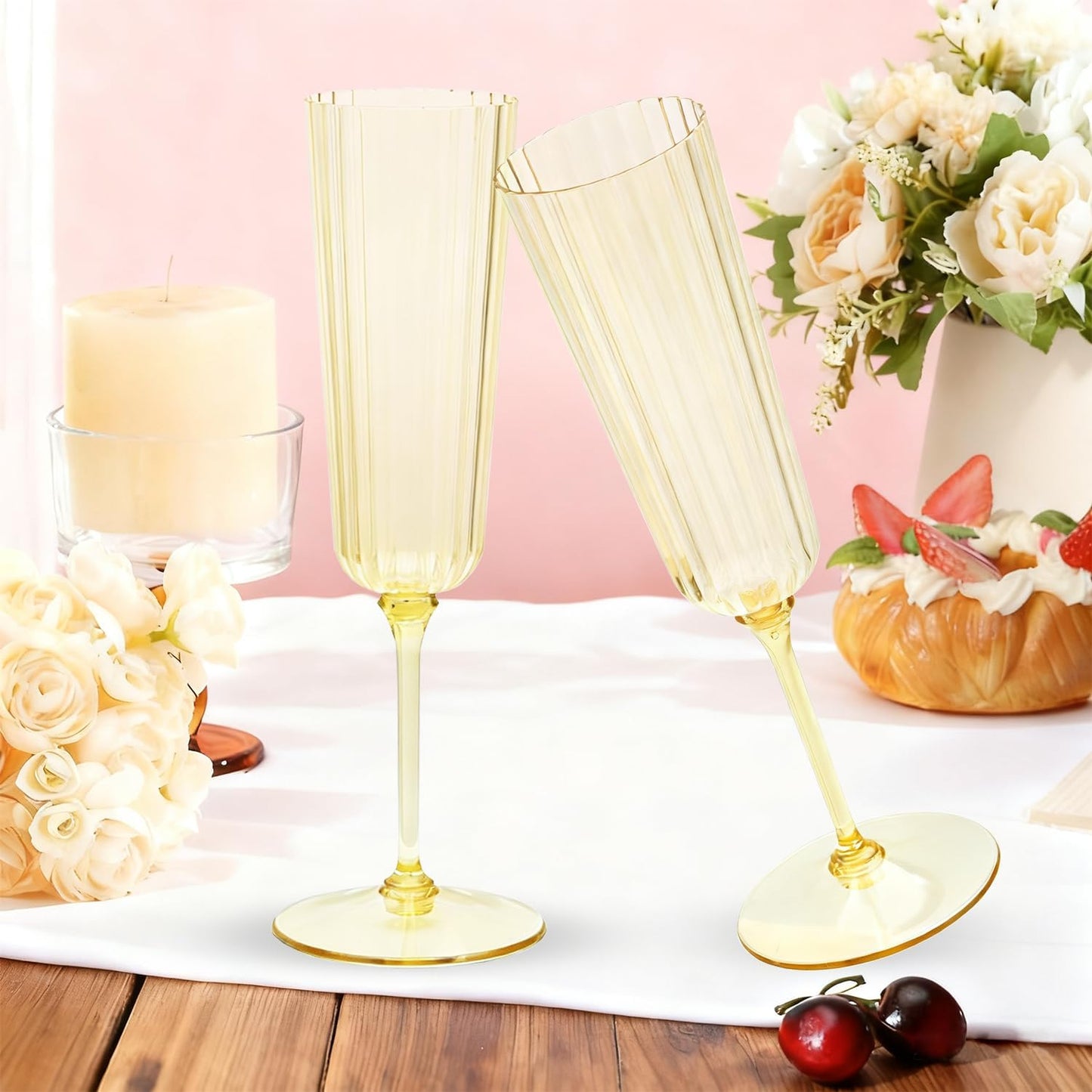 48 Pack Golden Champagne Flutes Plastic, Stripe Detachable Acrylic Champagne Glasses, Disposable Cocktail Drinking Cups, Reusable Wine Flutes, Cocktail Toasting Glasses for Wedding, Party