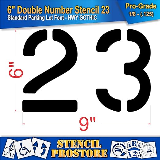 Pavement, Curb, and WheelStop Stencils - 6 inch Double Number Stencil - (23) - 6" x 9" x 1/8" (128 mil) - Pro-Grade