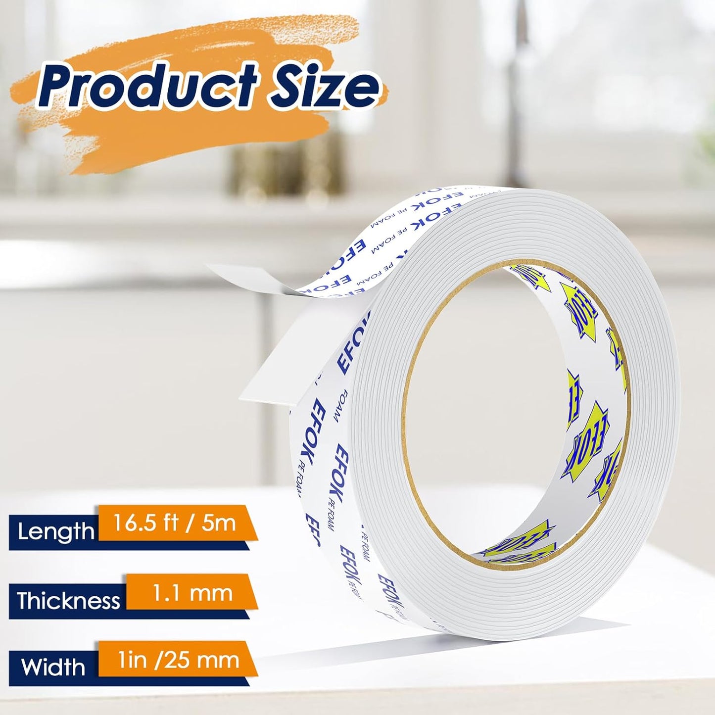 5 Pack Double Sided Tape Heavy Duty White PE Foam Tape, 1 in X 16.5 Ft Mounting Tape Removable Strips Strong Weatherproof Adhesive Tape for Hanging Picture Poster, Carpets, Paint Wall No Damage