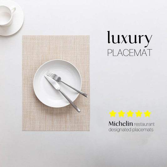 LEXMORE Placemats Set of 8 Vinyl/Plastic Woven Place Mats for Kitchen Table Indoor/Outdoor Washable Placemat Wipeable Dining Table Mats(A-Beige)