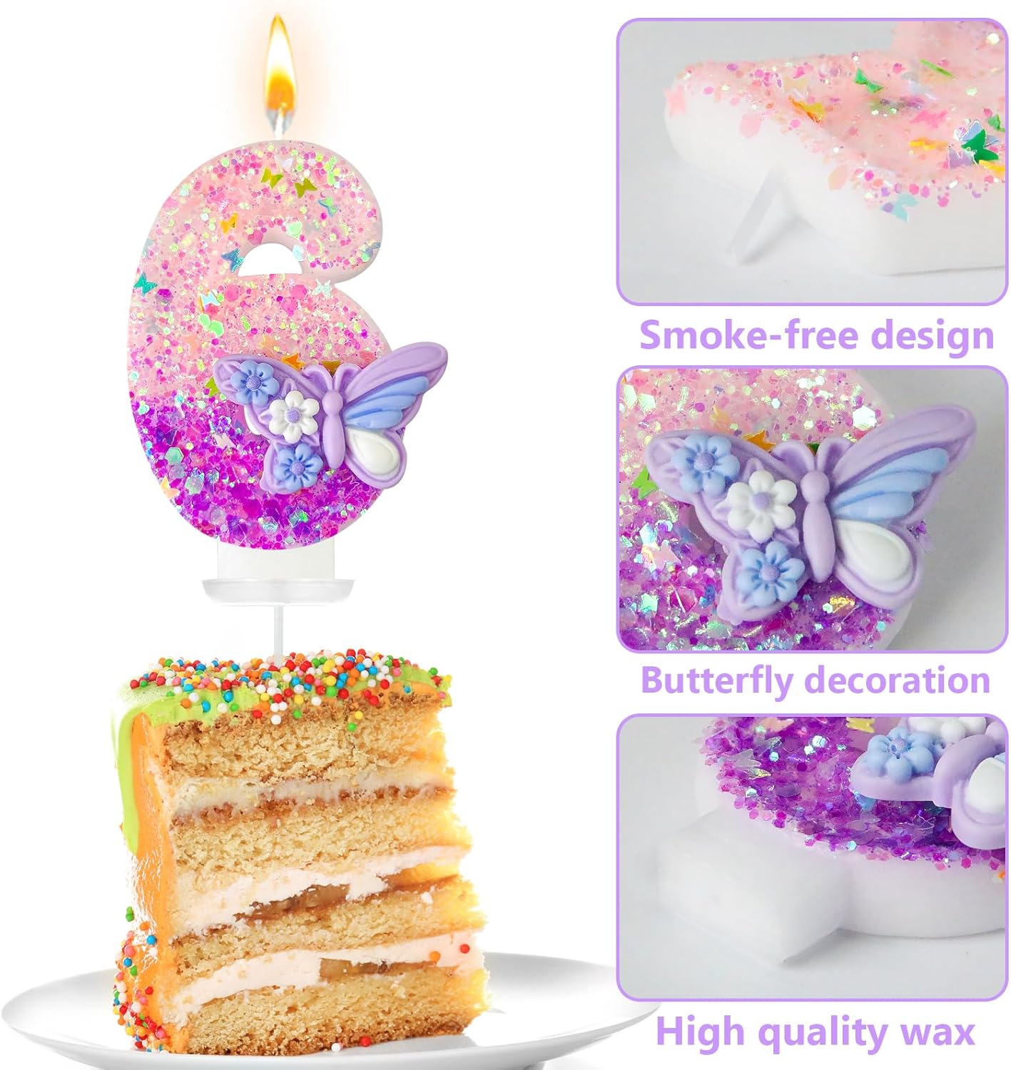 HXOUSE Butterfly Number 6 Birthday Candles - Pink & Purple Butterfly Birthday Candles for Cake, 6 Candle Topper for Anniversary Celebrations Supplies, Fairy Party Decorations for Girl (Number 6)