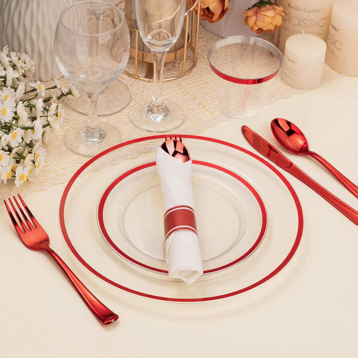350PCS Clear and Red Disposable Plates Set for 50 Guests, 100 Plastic Plates, 50 Plastic Cups, 50 Pre-Rolled Napkins with Cutlery for Party, Christmas, Thanksgiving, Birthday, Halloween