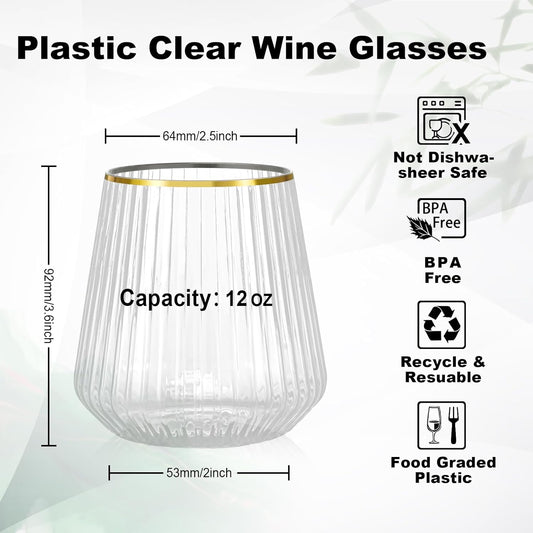 72 Pcs 12 oz Plastic Clear Gold Rim Ribbed Wine Glasses, Disposable & Reusable Champagne Glasses Elegant Whiskey Glasses Ideal for Weddings, Bars, Christmas, Holidays, Pool Party, Daily Use