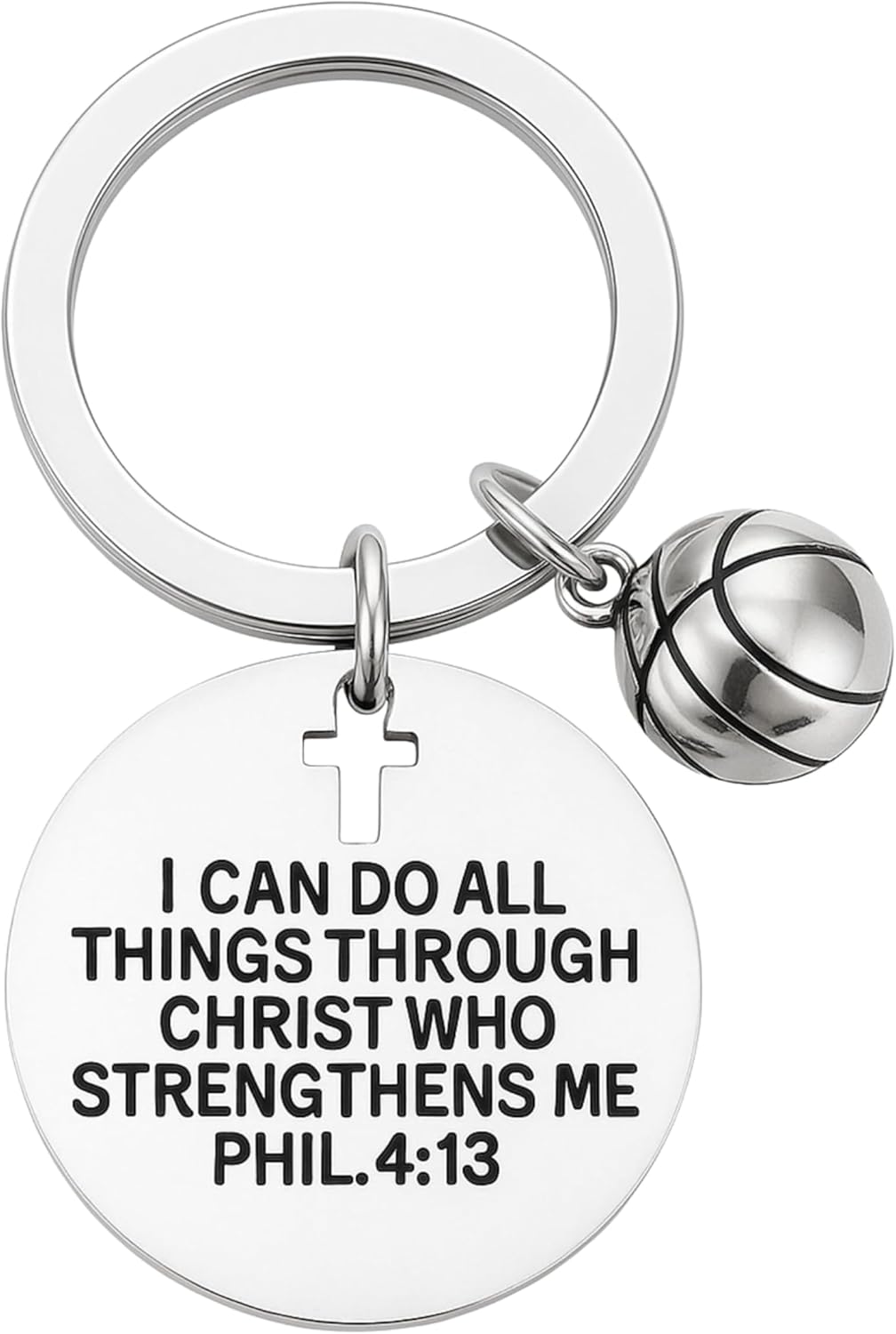 SportyBella Basketball Keychain I Can Do All Things Through Christ Phil 4:13 Engraved Faith Charm Gift for Basketball Players Fans