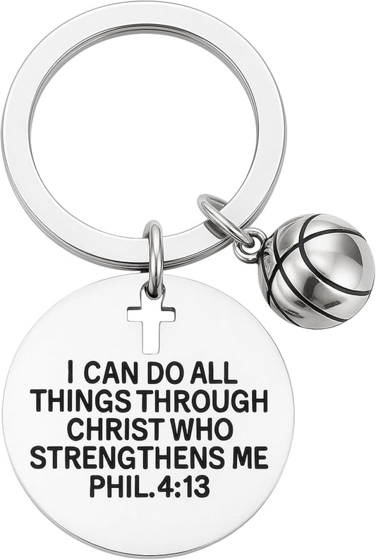SportyBella Basketball Keychain I Can Do All Things Through Christ Phil 4:13 Engraved Faith Charm Gift for Basketball Players Fans