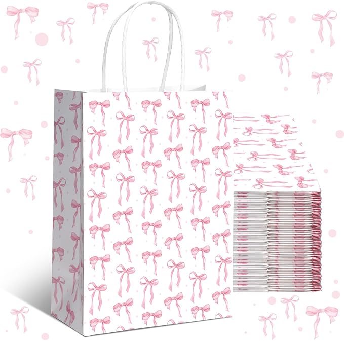 Kolldenn 16 Pcs Coquette Pink Bow Paper Gift Bags Women Mother's Day Birthday Favor Goodie Candy Bags with Handles for Bridal Engagement Baby Shower Party Supplies