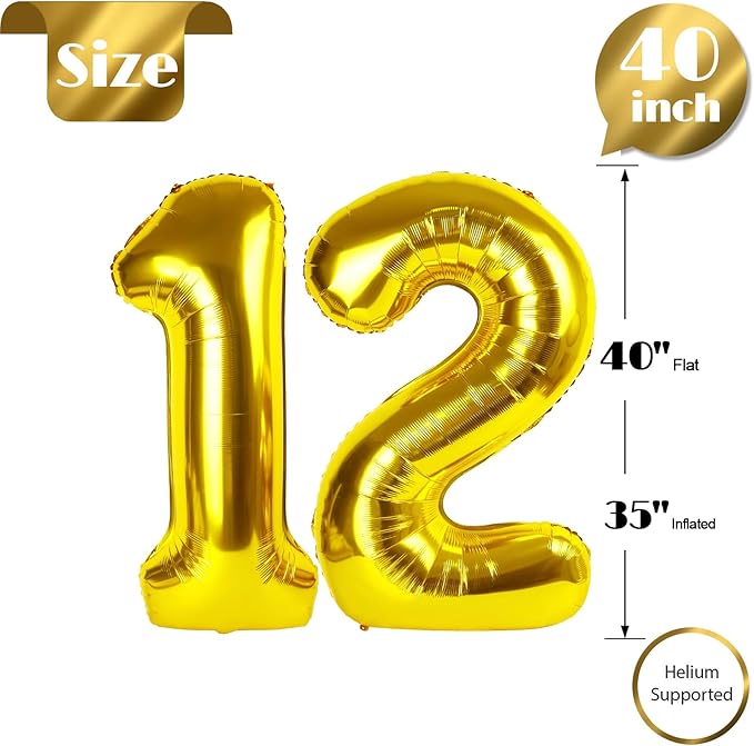 Gold Number 12 Balloon 40 inch, 12 Number Balloons, 12th Gold Birthday Decorations, 12 Year Old Girls Boys Golden Party Supplies