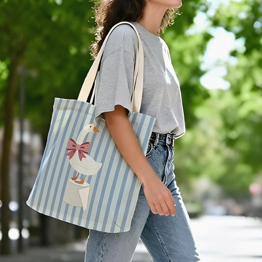 Coquette Pink Bow Goose Tote Bag for Women,Funny Goose Canvas Tote Bag,Gifts for Goose Lovers,Blue Striped Aesthetic Reusable Shopping Grocery Bags Party Favors