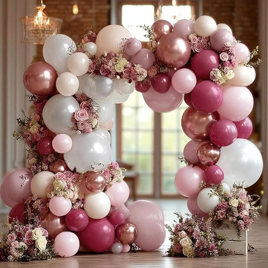 Dusty Rose Pink Balloon Garland Double Stuffed Dark Pink Mauve Pearl White Latex Balloons Blush Cream Balloon Arch Kit for Birthday Bridal Baby Shower Wedding Mother's Day Party Decorations