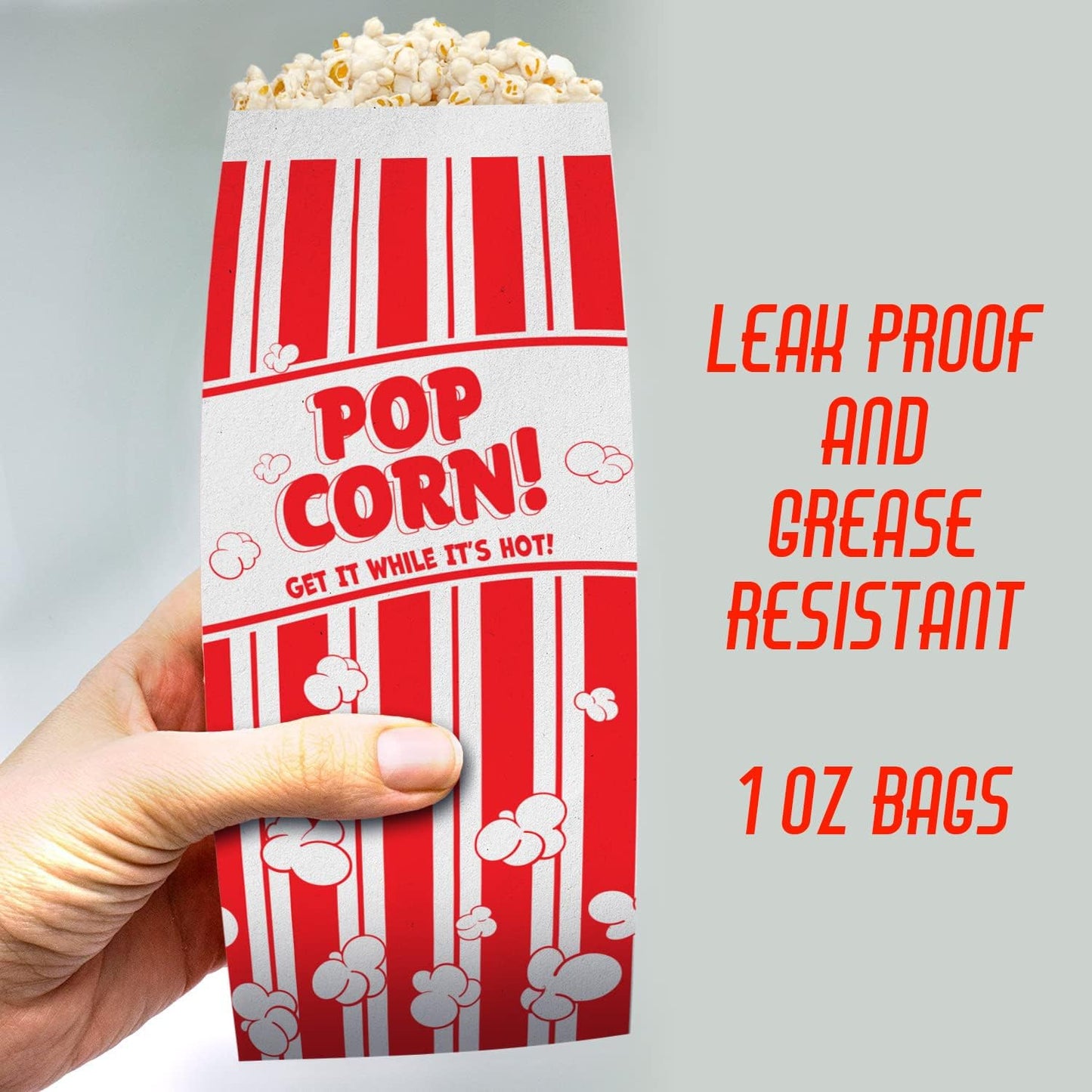 Popcorn Bags Coated for Leak/Tear Resistance. Single Serving 1oz Paper Sleeves in Nostalgic Red/White Design. Great Movie Theme Party Supplies or for Old Fashioned Carnivals & Fundraisers! (200)