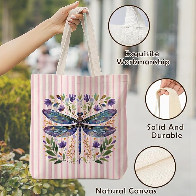Purple Dragonfly Floral Tote Bag for Women,Dragonfly Canvas Tote Bag for Girls,Purple and White Striped Farmhouse Botanical Aesthetic Reusable Shopping Grocery Bags Party Favors