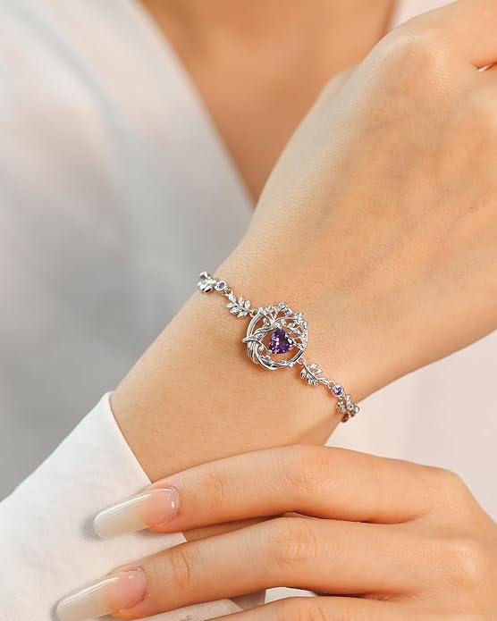 FANCIME Valentines Day Gift Tree of life Birthstone Bracelet for Women Sterling Silver Tree Jewelry Birthstone Charm Bracelet Gemstone Anniversary Birthday Gifts for Wife Mom Her