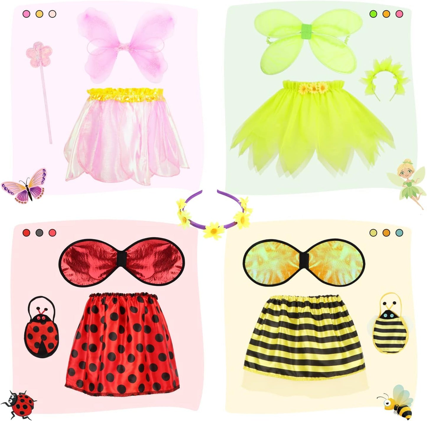 Girls Princess Dress up Trunk Ladybug, Bee, Butterfly, Green Fairy Role Play Costume Set for Little Girls Toddler Aged 3-7